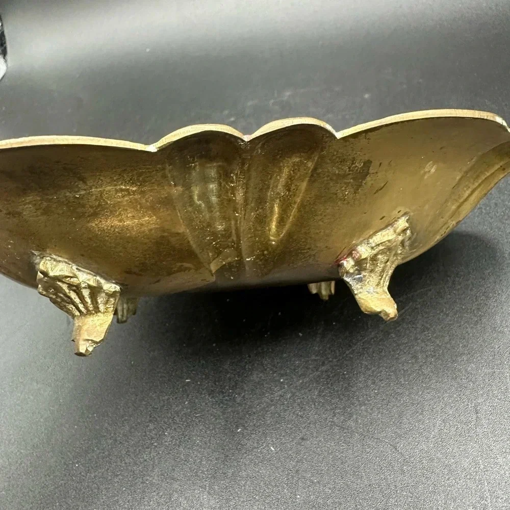Vintage Etched Brass Footed Dish Bowl Trinket Catchall Decor